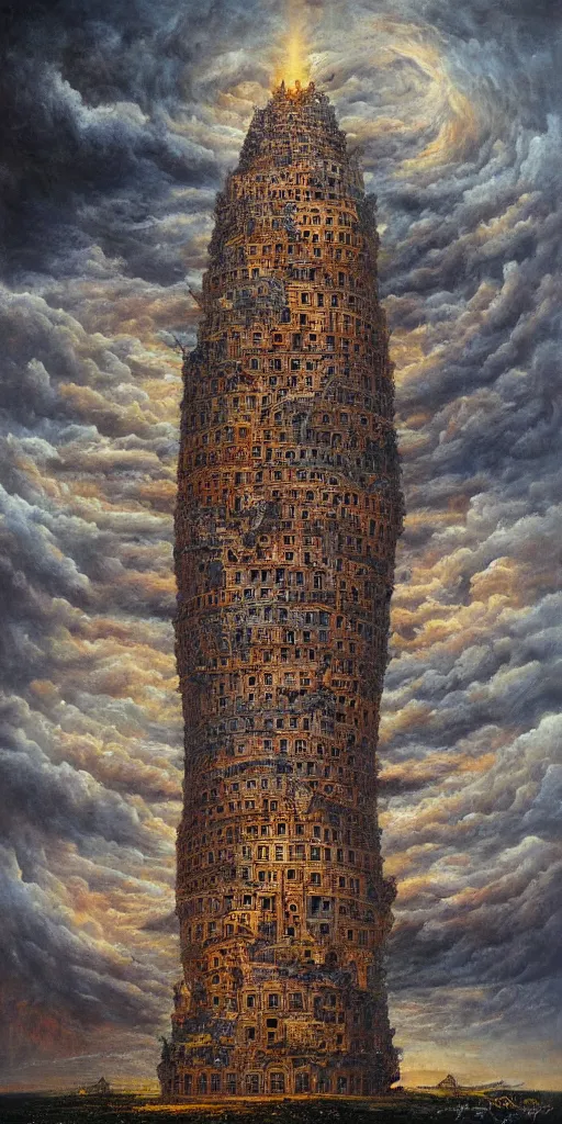 Image similar to tower of babel by tomek setowski, surreal oil painting, dream like, highly detailed, symmetry, masterpiece