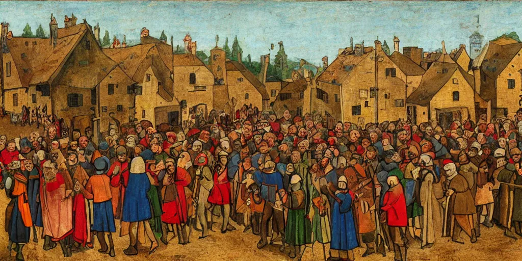 Prompt: color painting of a crowd of medieval villagers cheering and looking at camera, empty road in the middle, eye level view