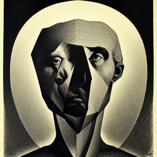 Prompt: lithography on paper conceptual figurative post - morden monumental portrait by goya and escher, illusion surreal art, highly conceptual figurative art, intricate detailed illustration, controversial poster art, polish poster art, geometrical drawings, no blur