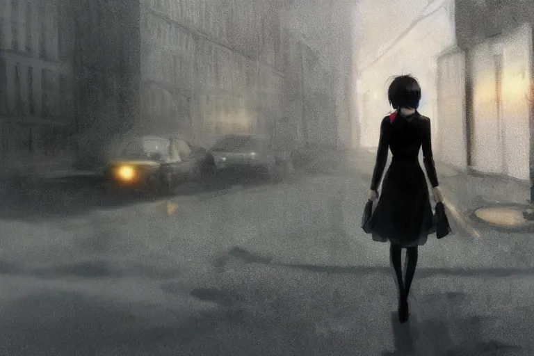 Prompt: a woman in a black dress and thigh highs walking in a dark soviet city, digital illustration, beautiful face, atmospheric, volumetric, by makoto shinkai, by yoshitaka amano, by greg rutkowski, highly detailed, composition, 4 k, forward facing pose, detailed street