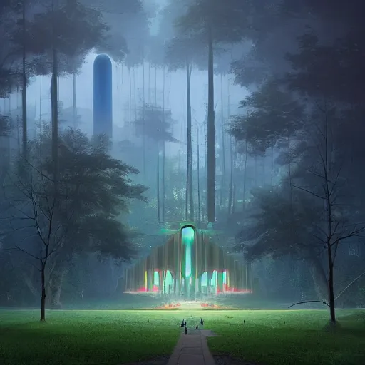 Image similar to futuristic temple between green hills with big trees, monks, shooting stars, dramatic lighting, artstation, matte painting, raphael lacoste, simon stalenhag, frank lloyd wright