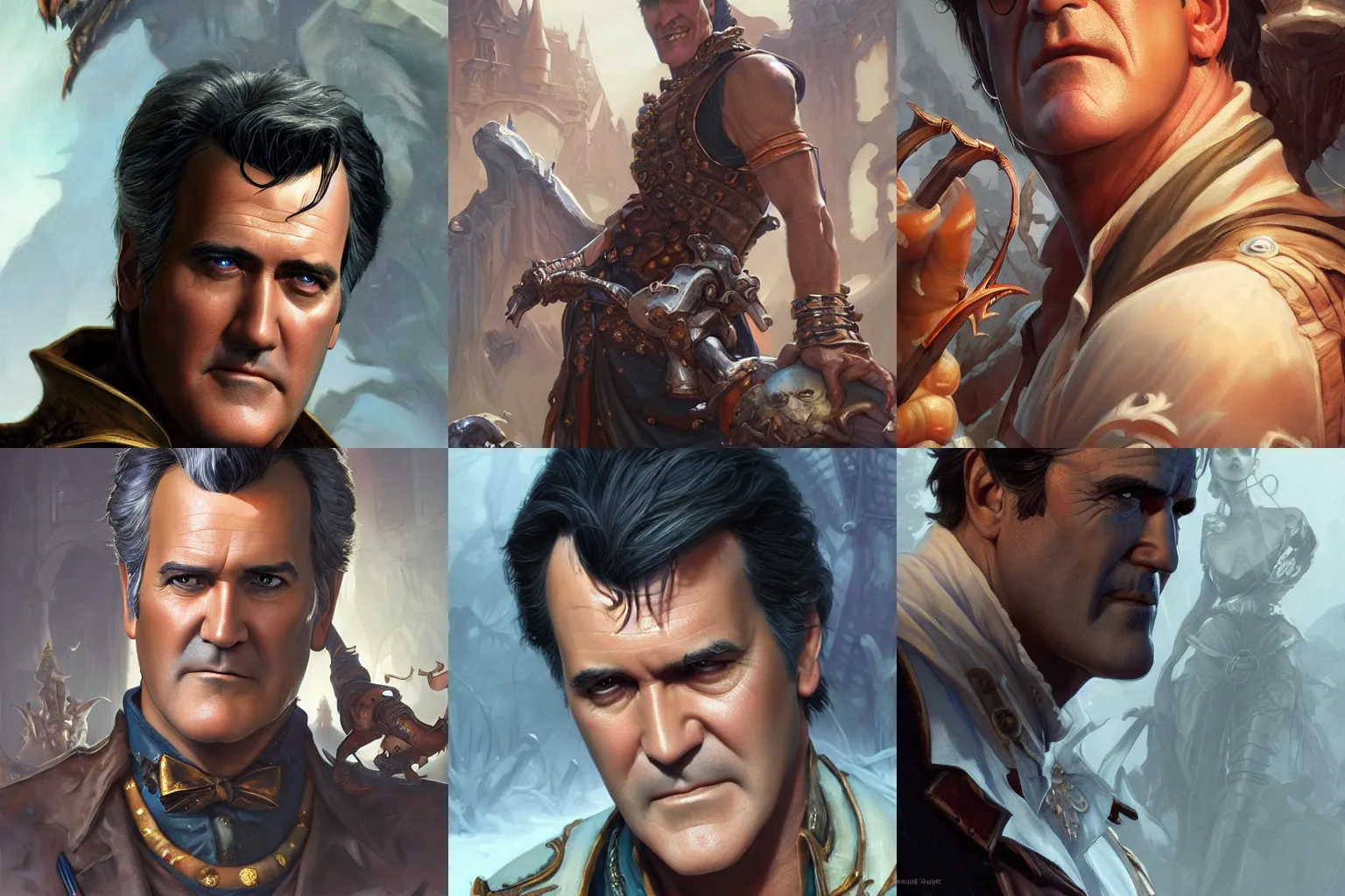 Prompt: Bruce Campbell, closeup, D&D, fantasy, intricate, elegant, highly detailed, digital painting, artstation, concept art, matte, sharp focus, illustration, hearthstone, art by Artgerm and Greg Rutkowski and Alphonse Mucha