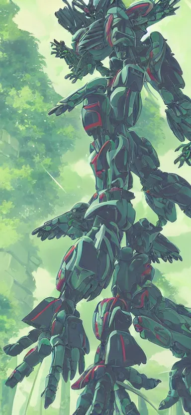 Prompt: giant humanoid plant mecha, forest, key art, sharp lines, towering above a small person, aesthetic, anime, trigger, shigeto koyama, hiroyuki imaishi