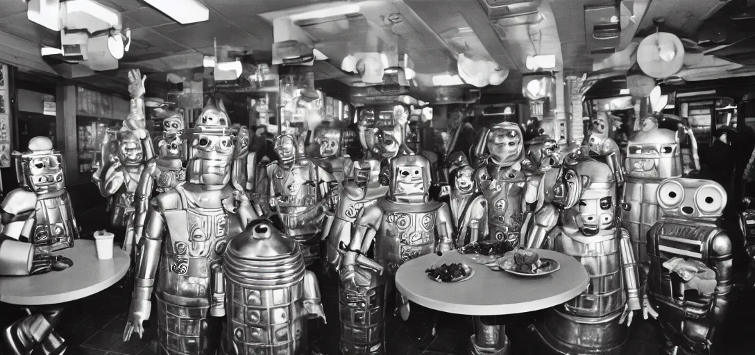 Image similar to cybermen and daleks and happy families eating fast food, inside a vintage fast food restaurant, kodak Ektachrome 10, 15mm wide angle close up