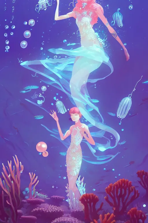 Image similar to a beautiful queen of ocean in the middle of coral reefs, pearl crystal jewelry, complex and shiny dress inspired by jellyfish, by ross tran and atey ghailan, by greg rutkowski, by greg tocchini, by james gilleard, by joe fenton, by kaethe butcher, dynamic lighting, grunge aesthetic