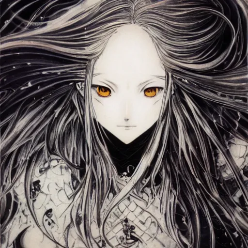 Image similar to blurred and dreamy character design by yoshitaka amano of an anime girl with black eyes, wavy white hair fluttering in the wind wearing elden ring armor with engraving, abstract black and white patterns on the background, noisy film grain effect, highly detailed, renaissance oil painting, weird portrait angle, yoshitaka amano color palette, three quarter view