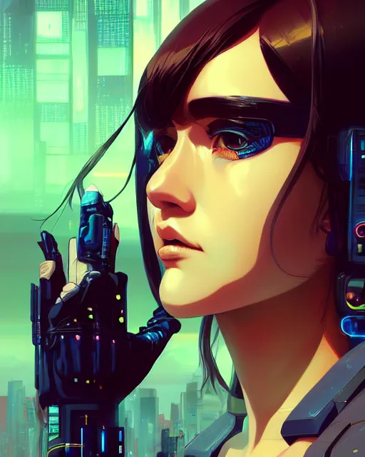 Image similar to a comic potrait of a cyberpunk cyborg girl with big and cute eyes, fine - face, realistic shaded perfect face, fine details. night setting. very anime style. realistic shaded lighting poster by ilya kuvshinov katsuhiro, magali villeneuve, artgerm, jeremy lipkin and michael garmash, rob rey and kentaro miura style, trending on art station