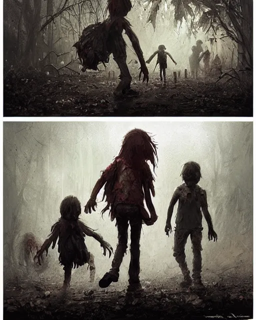 Image similar to a child zombie walking toward a scared teenager that fell on the ground realistic concept art, hd, high quality by jean baptiste monge, dan mumford, greg rutkowski