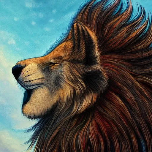 Prompt: profile view of cute fluffy wolf with long colorful flowing lion mane blowing in the wind with mohawk top hairstyle hybrid animal detailed painting 4 k