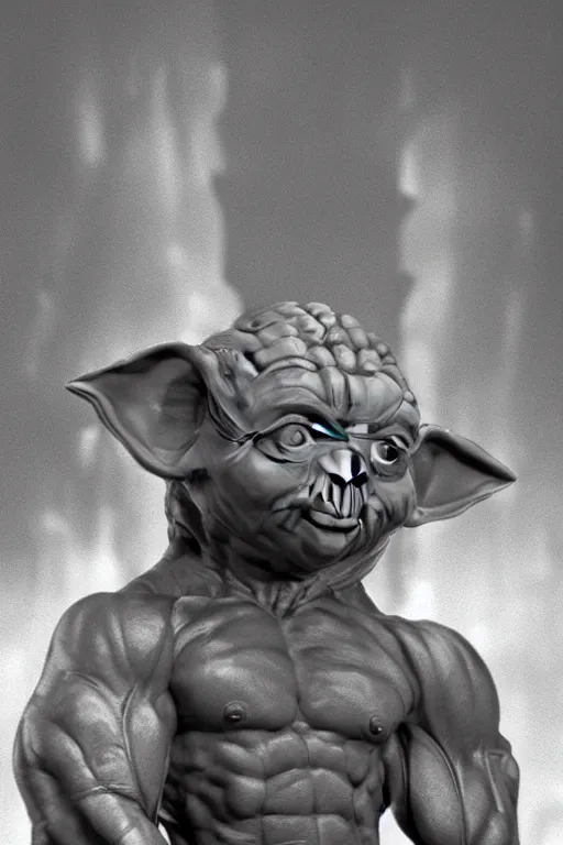 Prompt: Master Yoda is a jacked muscle builder gigachad, grayscale photography