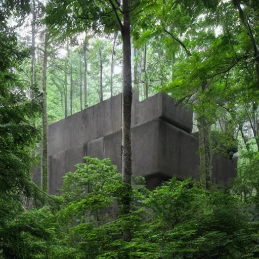 Prompt: huge alien brutalist temple with a lush forest surrounding it