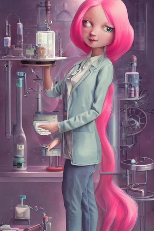 Prompt: highly detailed, industrial portrait of a confident, beautiful, attractive adult princess bubblegum from adventure time, experimenting in her science lab, wearing lab coat, bubblegum hair with long straight bangs, gravitas, depth of field, illustration, concept art by nicoletta ceccoli, mark ryden, lostfish, detailed and intricate environment, 8 k resolution, hyperrealistic, octane render