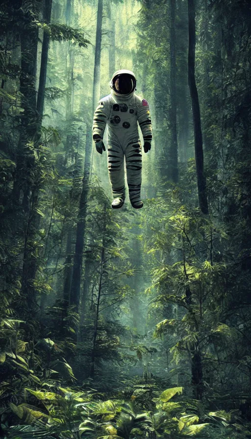 Image similar to american astronaut in the forest, plants environment, wide angle, cinematic lighting, atmospheric, realistic, octane render, highly detailed, in the style of craig mullins