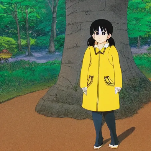 Prompt: anime visual of chubby hispanic woman wearing a yellow coat with long dark brown hair with bangs walking in the scenic park in fall, detailed, studio ghibli, exquisite lighting, clear focus, very coherent, art by hayao miyazaki,