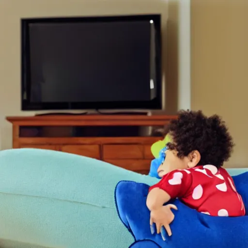 Prompt: Drake watching mickey mouse clubhouse on his tv and laughing