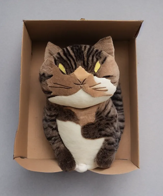 Image similar to a cat plushie in a cardboard box