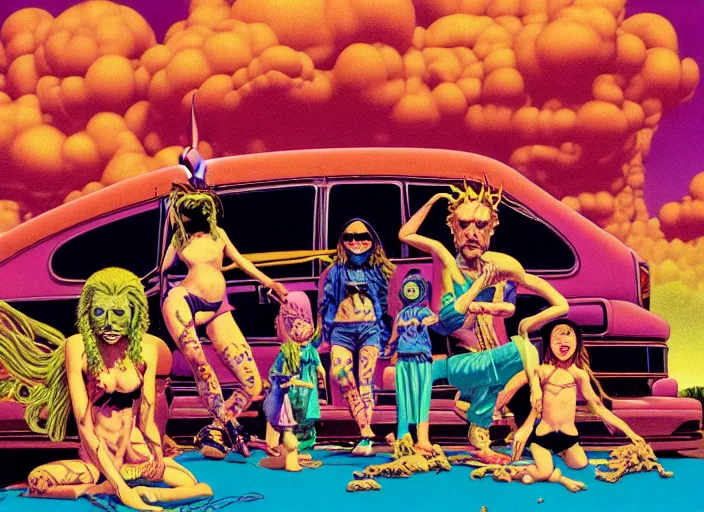 Image similar to photo of dadcore occult wizards and momcore witches on vacation, by richard corben by william eggleston, fujifilm velvia 5 0. masterpiece. intricate, hyper realism, high detail, octane render, unreal engine, 8 k, by katsuhiro otomo, full body character drawing, clean ink detailed line drawing, intricate detail, extremely detailed.