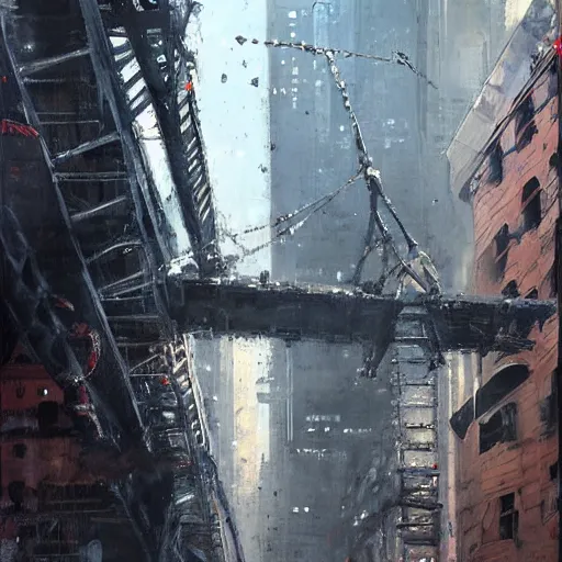 Prompt: spiderman swings through new york city jeremy mann painting