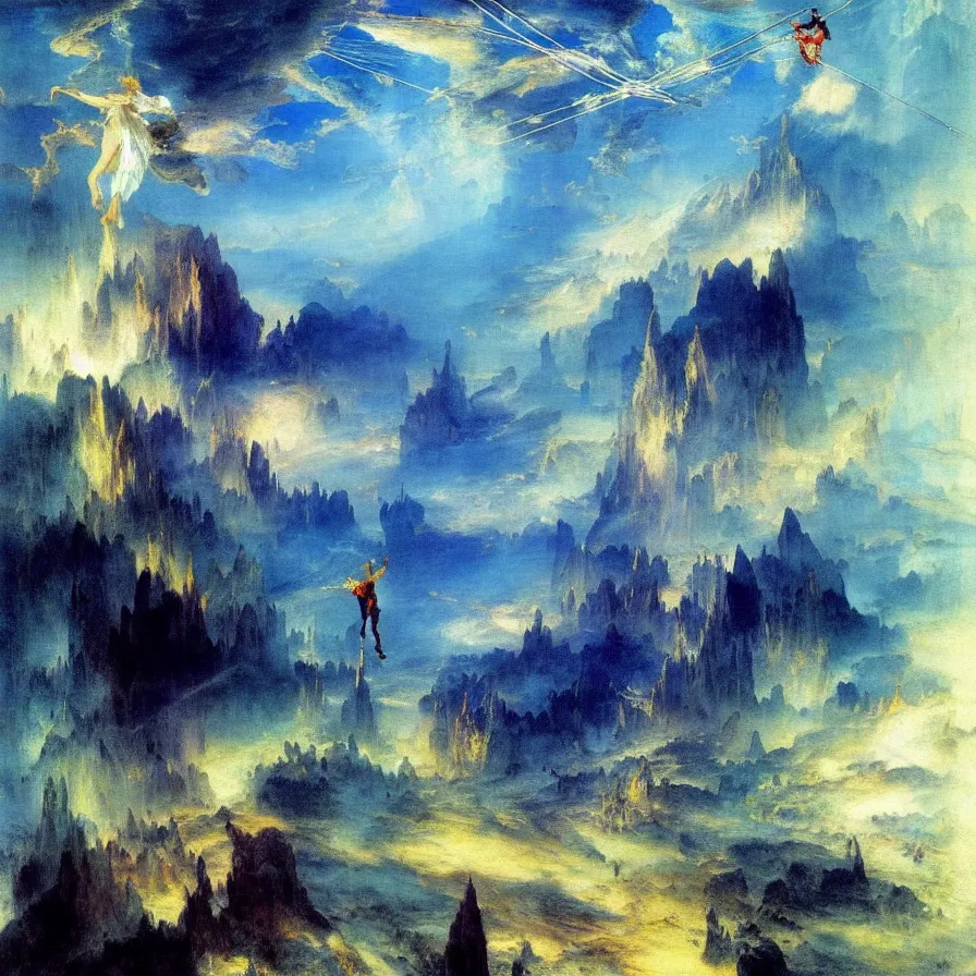 Image similar to a tightrope walker free falling down infinite clouds and mirror buildings below. painted by thomas moran. blue and indigo color scheme.