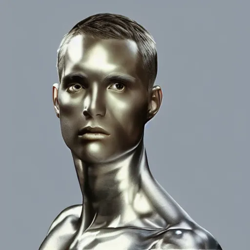 Image similar to “a realistic detailed photo of a guy who is an attractive humanoid who is half robot and half humanoid, who is a male android, twitch streamer and youtuber Ludwig Ahgren, shiny skin, posing like a statue, blank stare”