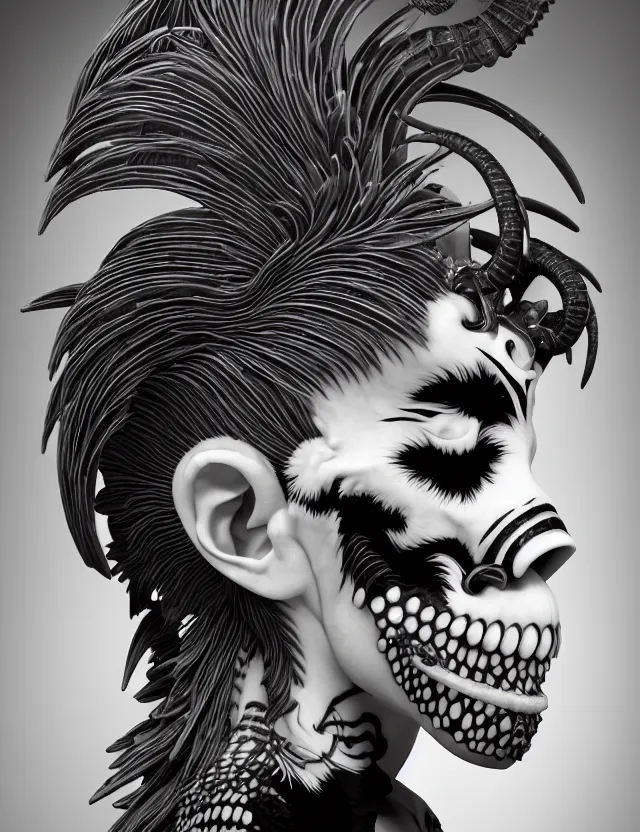 Image similar to 3 d goddess close - up profile simple portrait punk with mohawk with goat skull. beautiful intricately detailed japanese crow kitsune mask and clasical japanese kimono. betta fish, jellyfish phoenix, bio luminescent, plasma, ice, water, wind, creature, artwork by tooth wu and wlop and beeple and greg rutkowski