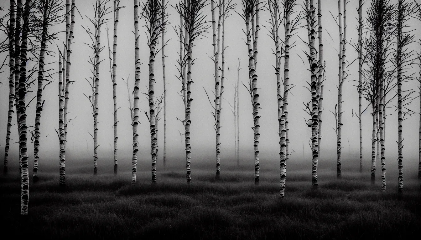 Prompt: highlands curvy horizon birches grassy foggy flooded swamp dark atmospheric scary ambient vibe very detailed black and white 8 k