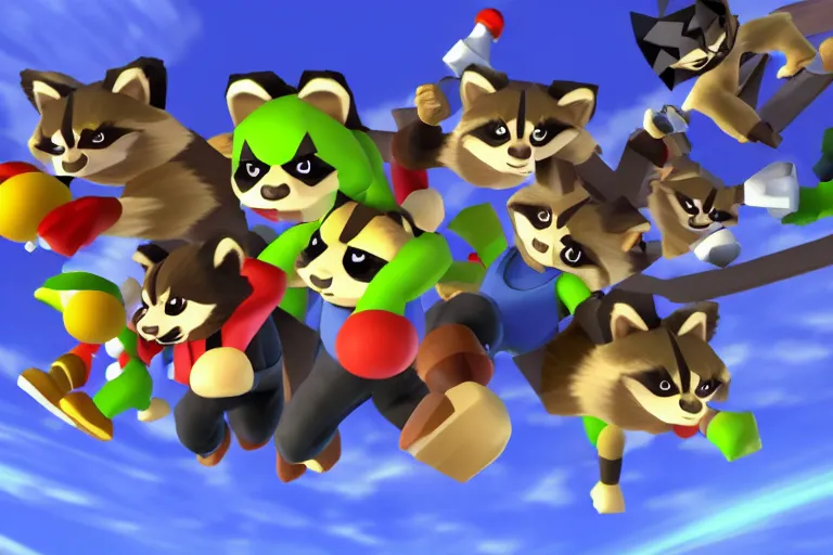 Prompt: nintendo 64 resolution screenshot raccoon super smash brothers final destination smash tournament low poly