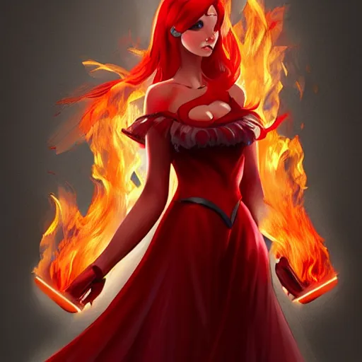 Image similar to a goddess with red hair and red dress with a fire aura headshot, trending on artstation