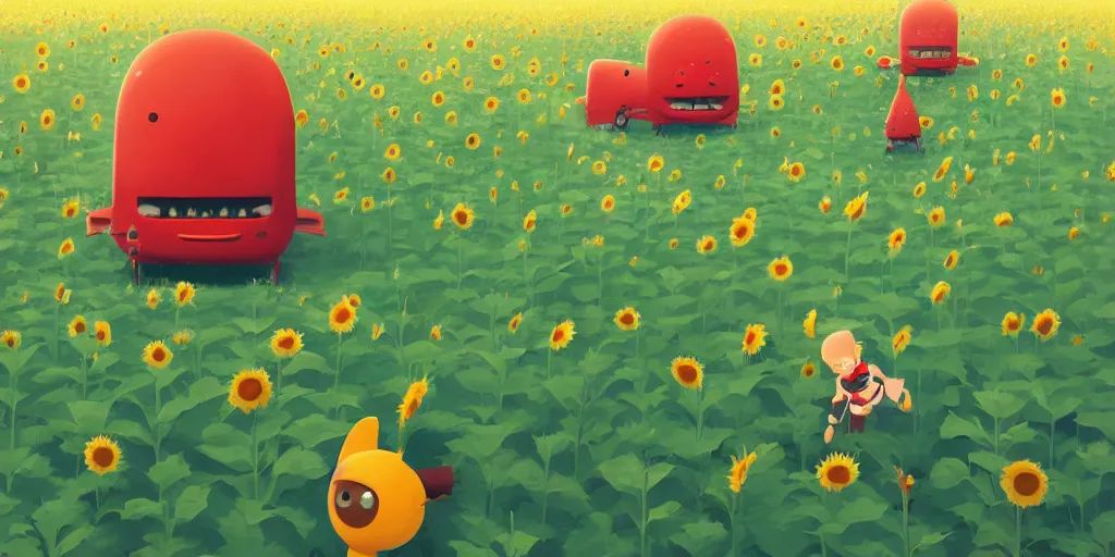 Prompt: cute cartoon himars launching rockets on the sunflower field by goro fujita and simon stalenhag and wes anderson and alex andreev and chiho aoshima and beeple and banksy and kandinsky and magritte and basquiat and picasso, 8 k, trending on artstation, hyper detailed, cinematic