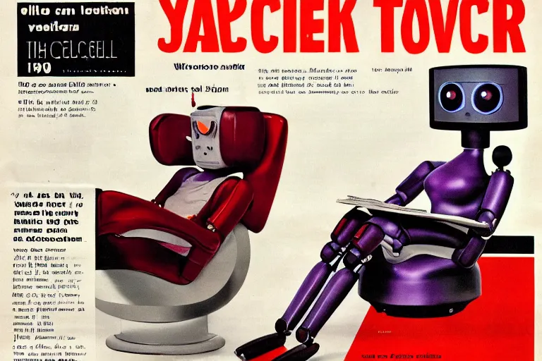 Image similar to Against a clean white cyc (white backdrop) futuristic studious matte brown and red and chrome full-body humanoid robot with two huge round expressive sad purple glowing LED eyes and open rectangular mouth sitting on a large comfortable cushioned 1950s vintage recliner reading a newspaper. open newspaper. full shot Cinematic Movie Photograph, Arri Alexa, Extremely Detailed, smooth, very very clean, white cyc, white background, 8K, octane render, maya render, unreal engine, trending on artstation, DSLR, excellent composition, center frame