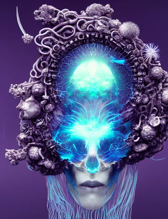 Image similar to goddess macro close - up portrait wigh crown made of ram skull. betta fish, jellyfish phoenix, bioluminiscent, plasma, ice, water, wind, creature, super intricate ornaments artwork by tooth wu and wlop and beeple and greg rutkowski