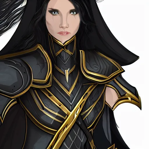 Image similar to female half-elf paladin of the raven queen in black armor with a shield, black hair, clear face, dark eyes, digital illustration