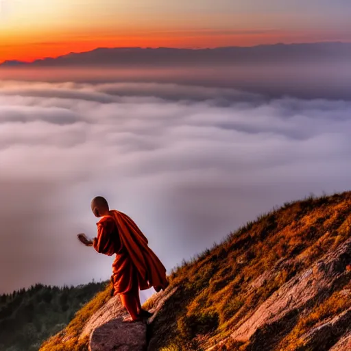 Prompt: a monk training on top of a mountain, fog, Midjourney AI style, sunset, beautiful, artsty