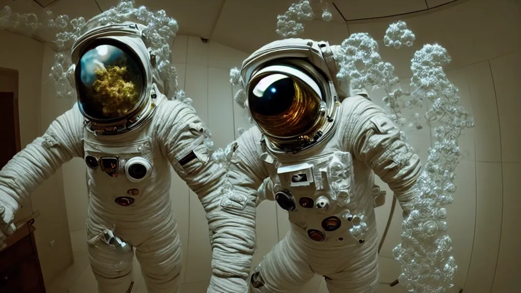 Image similar to a single astronaut eva suit made of diamond 3d fractal lace iridescent bubble 3d skin and covered with insectoid compound eye camera lenses floats through the living room, film still from the movie directed by Denis Villeneuve with art direction by Salvador Dalí, wide lens,