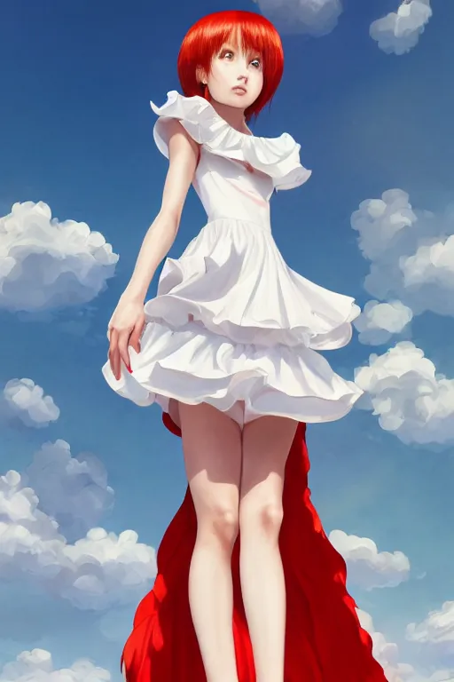 Image similar to the beautiful white frilled red dress girl standing in the hyper big and tall tower, looking at the, low angle, highly detailed, digital painting, artstation, concept art, smooth, sharp focus, illustration, Unreal Engine 5, 8K, art by Hiroaki Samura and Jiro Matsumoto