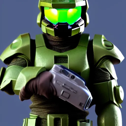 Image similar to Super Mario as Master Chief, highly detailed, extremely high quality, HD, 4k, 8k, Canon 300mm, professional photographer, 40mp, lifelike, top-rated, award winning, realistic, detailed lighting, detailed shadows, sharp, no blur, edited, corrected, trending