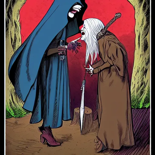 Prompt: precisely drawn illustration of two old cloaked women laughing, wide angle, sharp, fine details, French comic style, vibrant realistic colors, full color, heroic fantasy, intense line art, 8k, precise linework, realistic, in the style of Richard Corben and Moebius