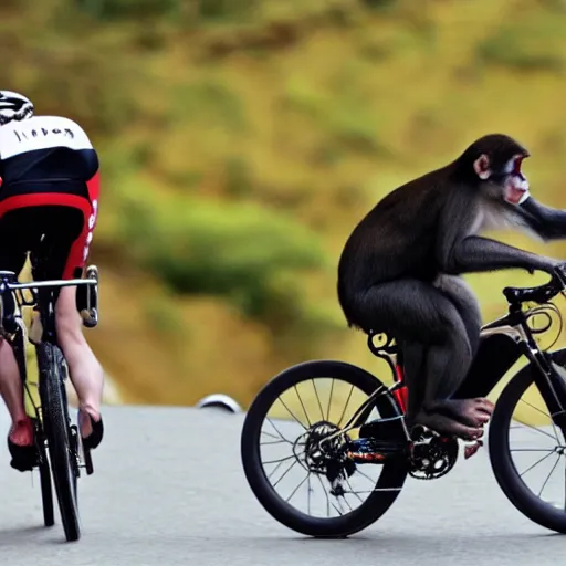 Image similar to monkey driving a bike with wheel of donuts wins tour the france