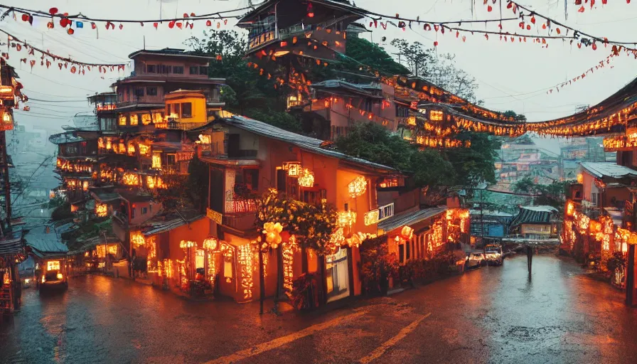 Image similar to a Wes Anderson 35mm film still of a very surreal magic small mountain town, like Jiufen, golden hour, falling cherry blossom pedals, in the style of Gucci, James Jean color palette, glowing warm lights and floating lanterns, foggy atmosphere, rainy, moody, muted colors, magic details, high detail, high resolution, 8k, cinematic look, octane render, psychedelic,