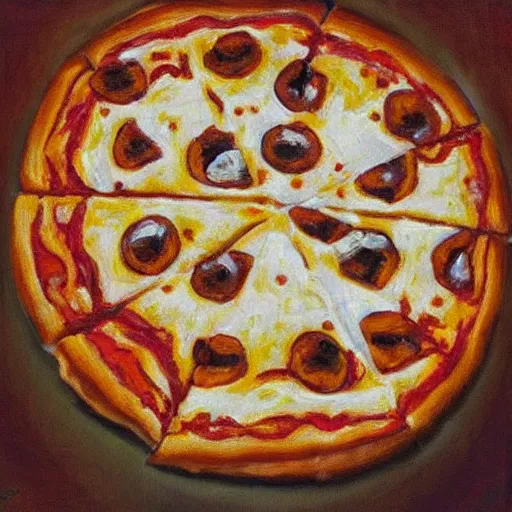 Prompt: A piece of holy pizza, painting in a museum