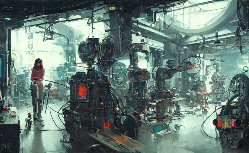 Image similar to robot repair shop, girl working on a robot, neons, indoor, concept art by greg rutkowski and james gurney