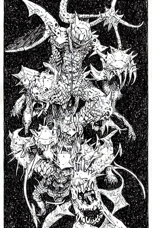 Image similar to agumon the digimon as a d & d monster, pen - and - ink illustration, etching, by russ nicholson, david a trampier, larry elmore, 1 9 8 1, hq scan, intricate details, high contrast