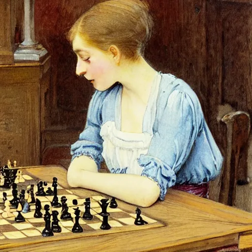 Prompt: a young edwardian woman playing chess against a rabbit, in the style of carl larsson