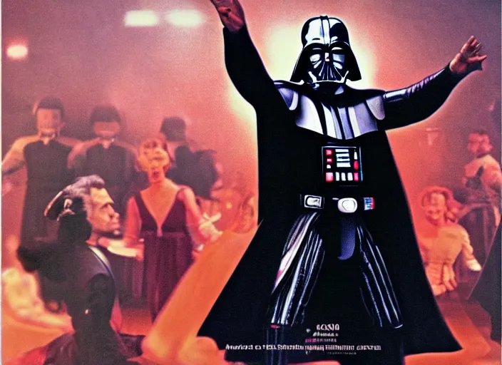 Prompt: of Darth Vader dancing exactly like John Travolta on the cover of Saturday Night Fever, 4k