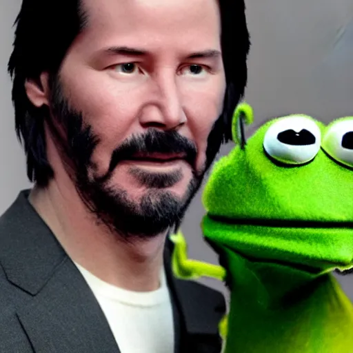 Image similar to keanu reeves playing kermit the frog in a dystopian sci fi movie, highly detailed, 4 k, concept art