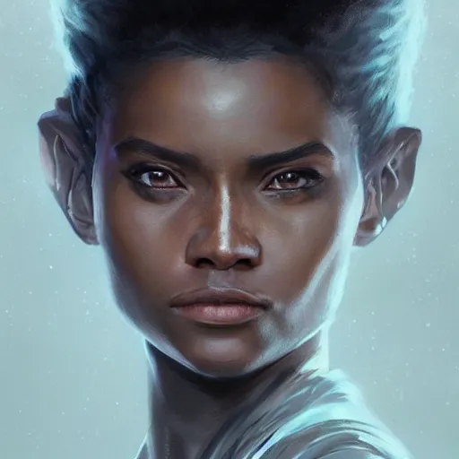 Image similar to portrait of a woman by greg rutkowski, youn jedi knight, black, afro hair, prettt, star wars expanded universe, she is about 2 0 years old, wearing jedi robes, highly detailed portrait, digital painting, artstation, concept art, smooth, sharp foccus ilustration, artstation hq