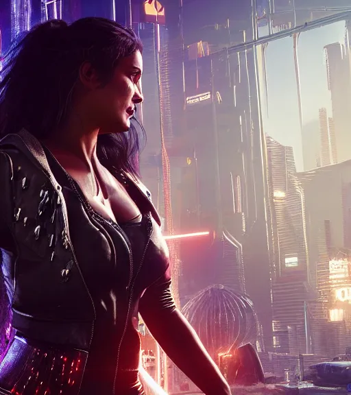 Image similar to cyberpunk 2 0 7 7, charismatic rugged female battle salma hayek - mage portrait, clothed in hooded, metal - plated battle armor atmospheric lighting painted intricate volumetric lighting, beautiful, sharp focus, ultra detailed by leesha hannigan, ross tran, thierry doizon, kai carpenter, ignacio fernandez rios