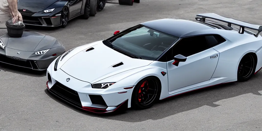 Image similar to a nissan gtr r 3 4 in a shape of lamborghini huracan car design, car photography, car design