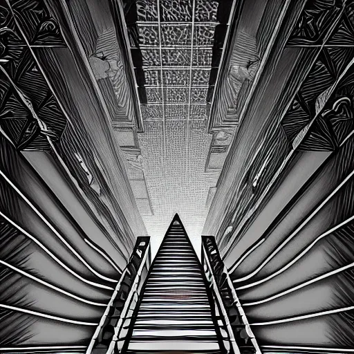 Image similar to A black and white freemasonic chequered surrealist digital painting of a stairway to into the clouds in the art style of jeff koons, Gilbert williams, Edwin Frederic Church and Christopher Balaskas, trending on artstation, 4k UHD