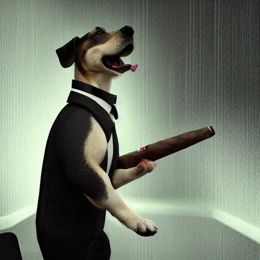 Image similar to a dog wearing a business suit smoking a cigar, dramatic lighting, cinematic, establishing shot, extremly high detail, photorealistic, cinematic lighting, concept art, artstation, style by greg rutkowsky